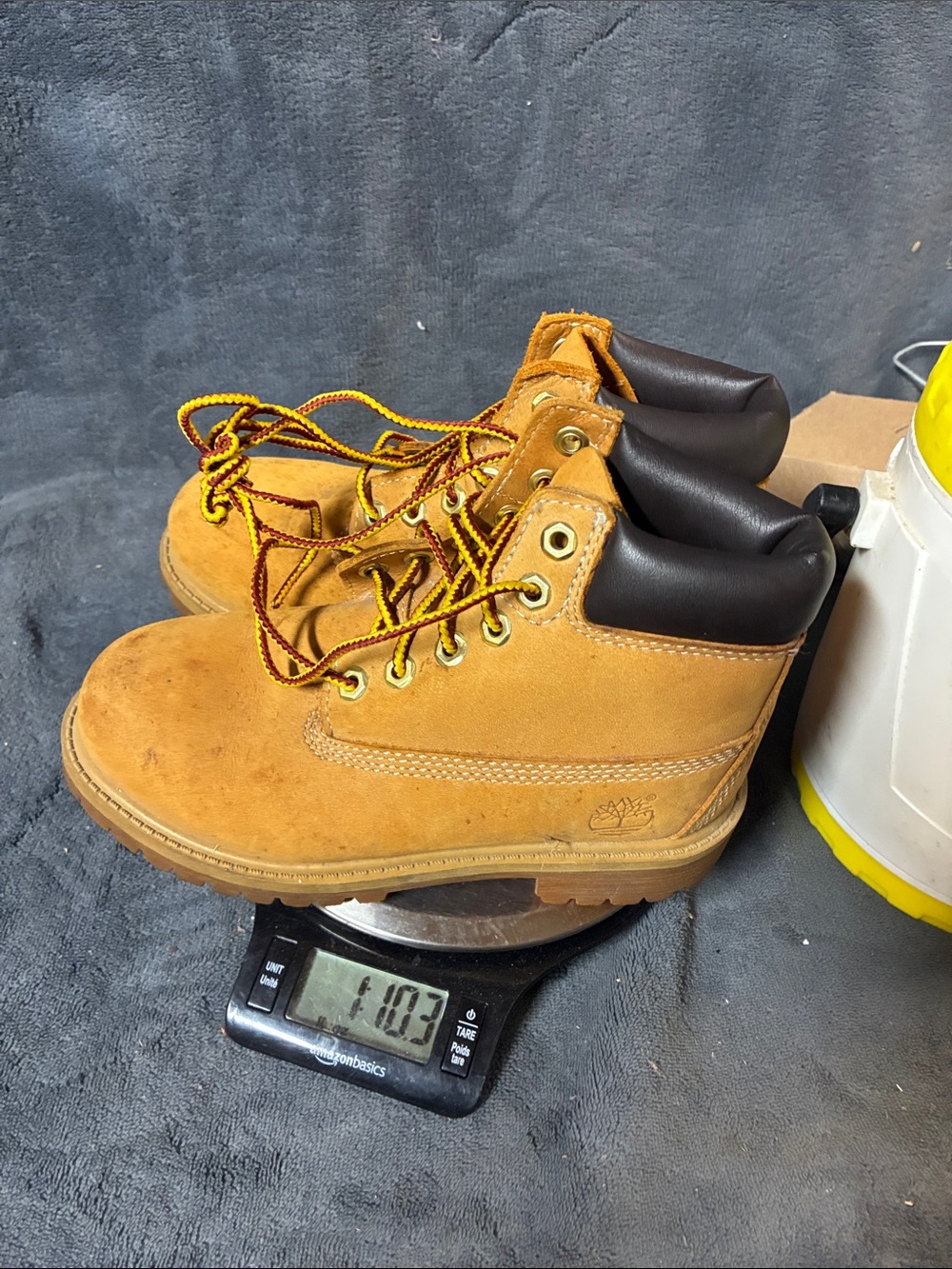 Timberland Wheat Suede Kids Boots with Dark Brown Collar and Yellow/Brown Laces